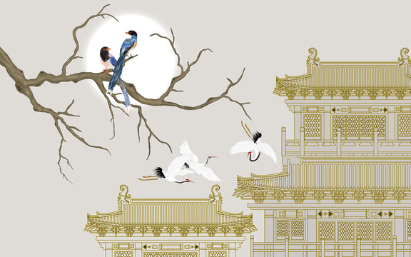 樓閣描金瑞鶴圖