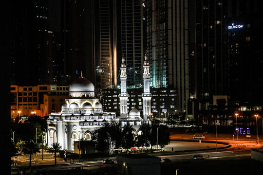 阿联酋迪拜市区清真寺夜景