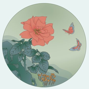 玫瑰蝴蝶国潮彩绘中式矢量手绘