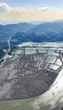 航拍福建霞浦虎屿岛滩涂养殖