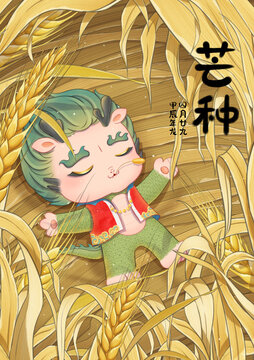 芒種龍寶躺在金色的小麥地里