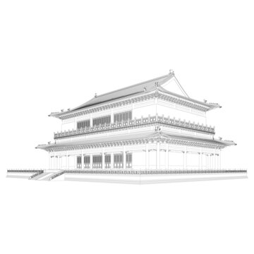 歇山樓閣軸測(cè)線稿