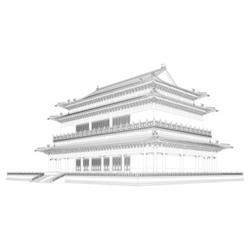 歇山三重檐軸測線稿