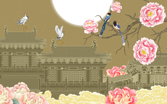 牡丹花古建筑刺繡背景墻