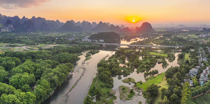 航拍桂林漓江漓江山水夕阳