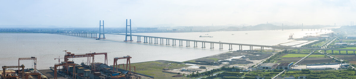 航拍浙江台州湾大桥港口