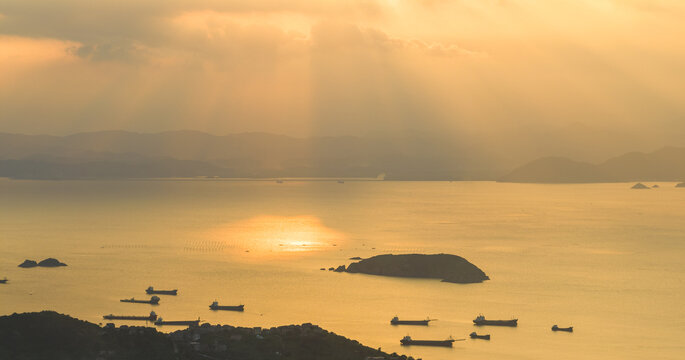 航拍浙江温州石塘半岛海山日落