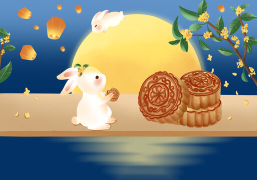 玉兔吃月饼赏月