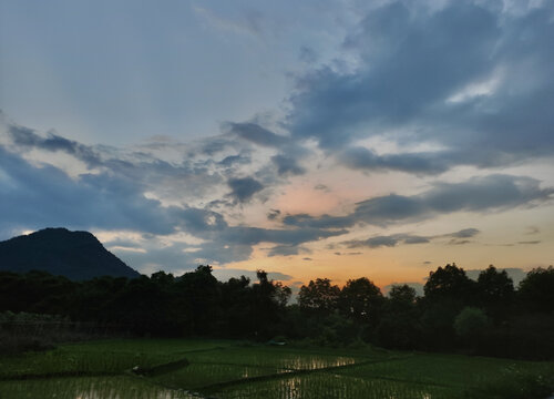 晚霞远山稻田