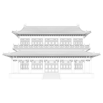 彩繪歇山樓閣背立面線稿