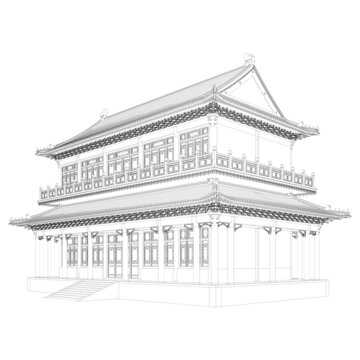 彩繪歇山樓閣背面軸測線稿