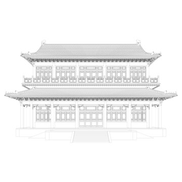 彩繪歇山樓閣立面線稿