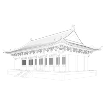 彩繪單檐歇山軸測線稿
