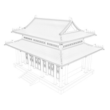 彩繪重檐歇山鳥瞰線稿