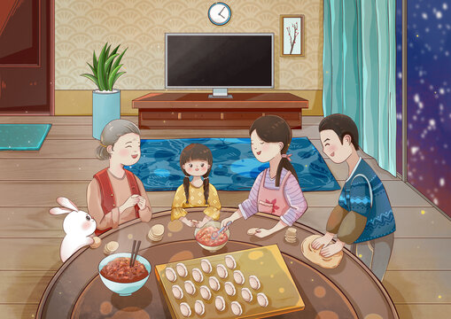 一家人包餃子