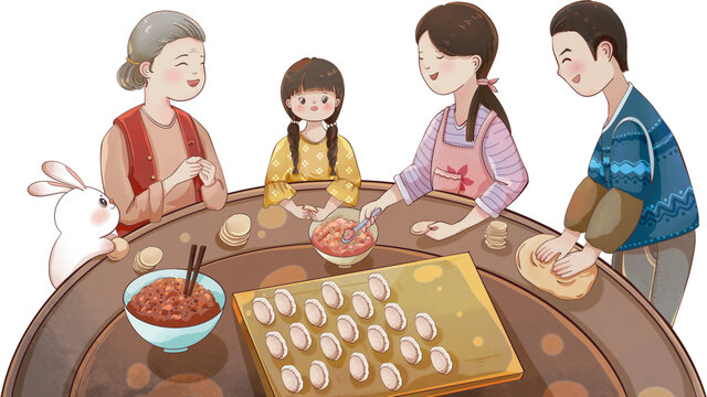 一家人包餃子