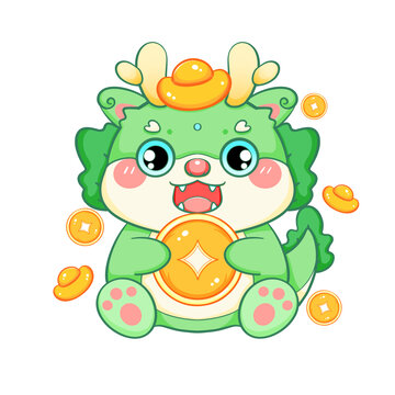 龍年新年春節(jié)卡通綠色抱金幣龍