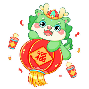 龍年新年春節(jié)卡通綠色燈籠龍
