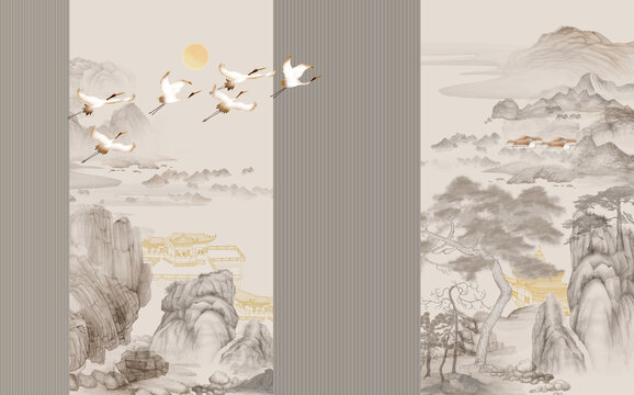 高端山水閣樓中式背景墻