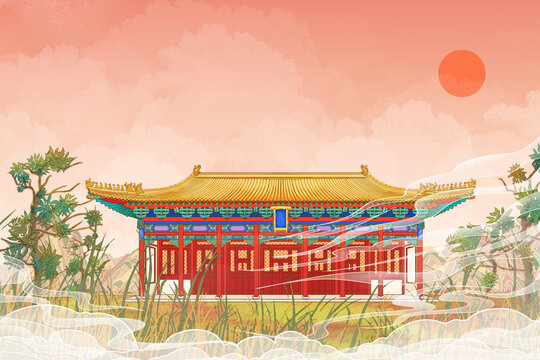北京地標(biāo)古建筑國風(fēng)插畫雍和宮