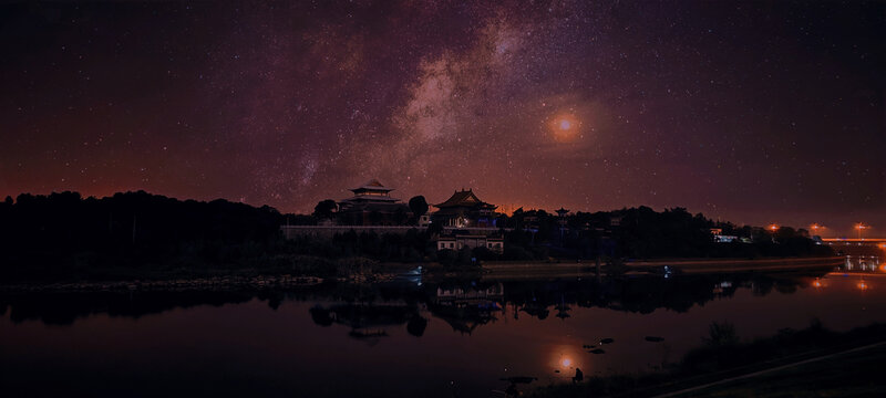 城市建筑寺庙星空河边夜景倒影