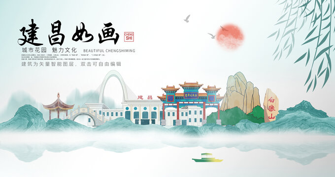 建昌縣山水墨中國風地標海報