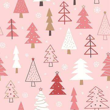 卡通粉色圣诞树木平铺背景