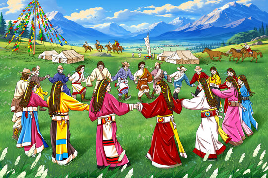 藏族跳舞手绘插画