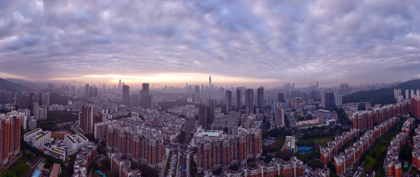 深圳CBD日出航拍全景