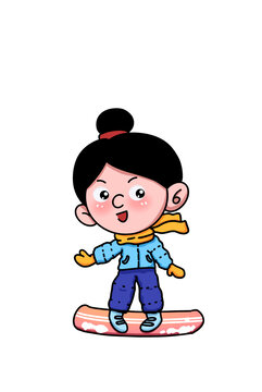 冬日滑雪的小女孩卡通手繪
