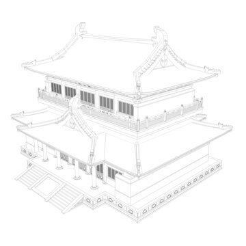 宋式歇山閣樓鳥瞰線稿
