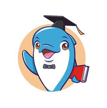 卡通可愛小海豚博士拿著書半身