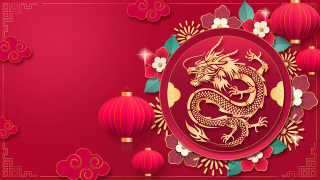 紅色2024龍年春節(jié)剪紙插畫(huà)