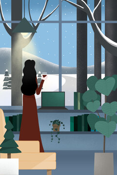 冬季女士在家中喝著紅酒看雪