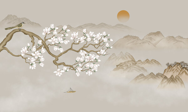 玉蘭花山水畫