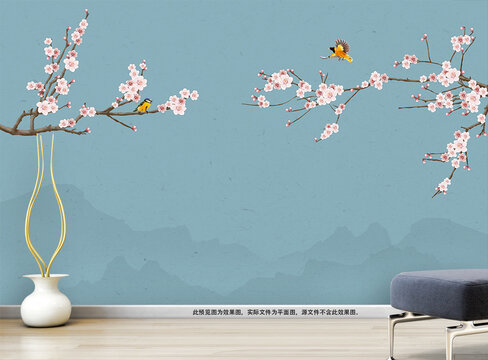 中式花鸟意境山水画电视背景墙