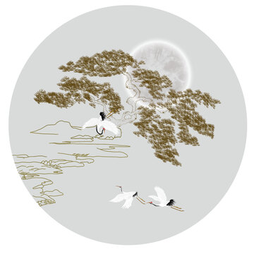 線描迎客松山水畫