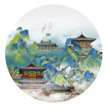 閣樓青綠山水插畫