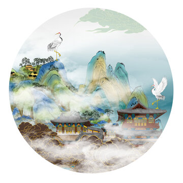 國潮圓形山水