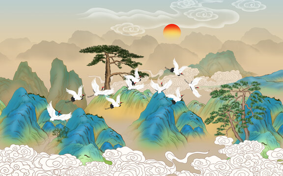 國潮迎客松山水插畫