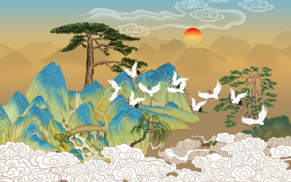 國潮山水背景墻