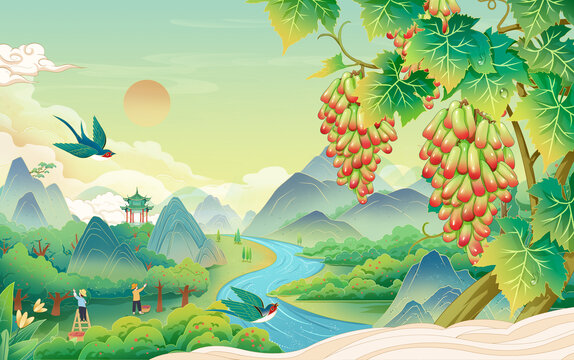 國風(fēng)美人指葡萄插畫