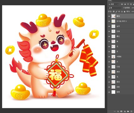 龍年大吉龍年插畫中國結鞭炮元寶