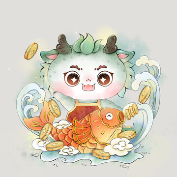 錦鯉戲水國(guó)風(fēng)龍插畫(huà)