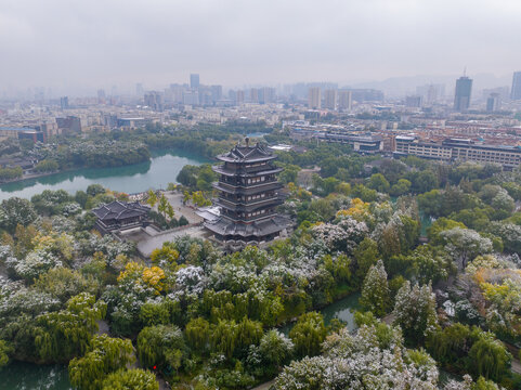 航拍济南大明湖雪景88