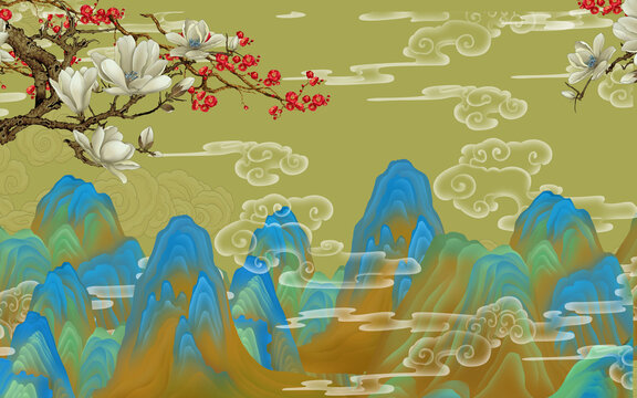 青綠山水玉蘭花鳥圖
