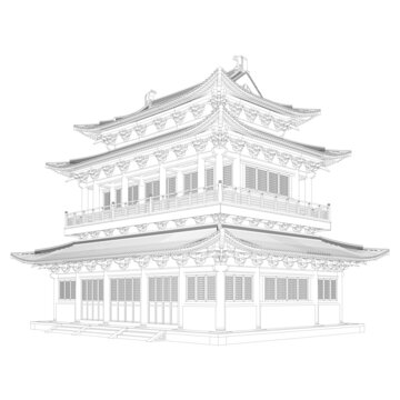 三重檐閣樓軸測(cè)線稿