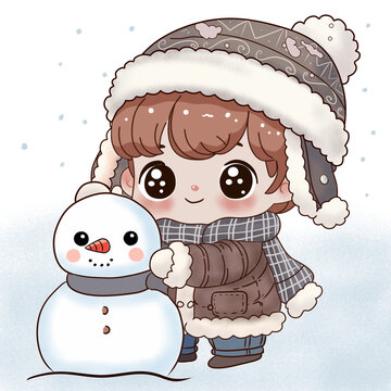 堆雪人可愛小男孩