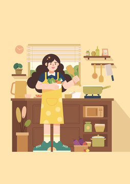 扁平风女生在厨房小场景插画