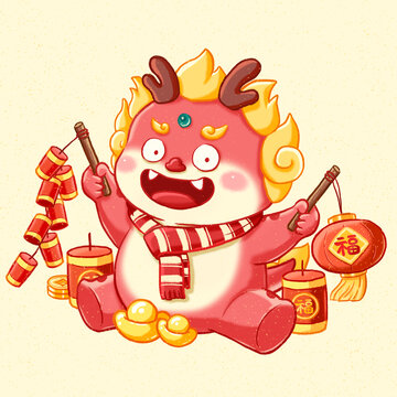 龍年素材新年插畫紅燈籠鞭炮